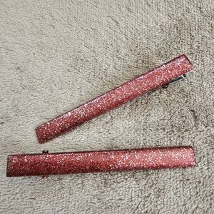 2 Hair Clips Red Glitter Silver Sparkly Barrettes Hand Painted Indie